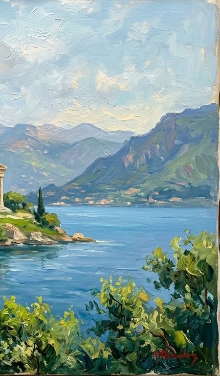 Ancient Columns and Mediterranean Shoreline — Handcrafted romantic classical landscape painting with lush foliage